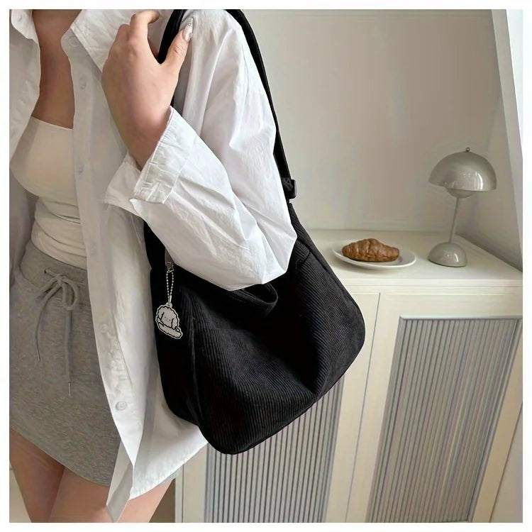 Women's Corduroy Shoulder Bag | Casual Striped Large Capacity Tote with Zipper (Cute Hat Patch, Everyday Use)