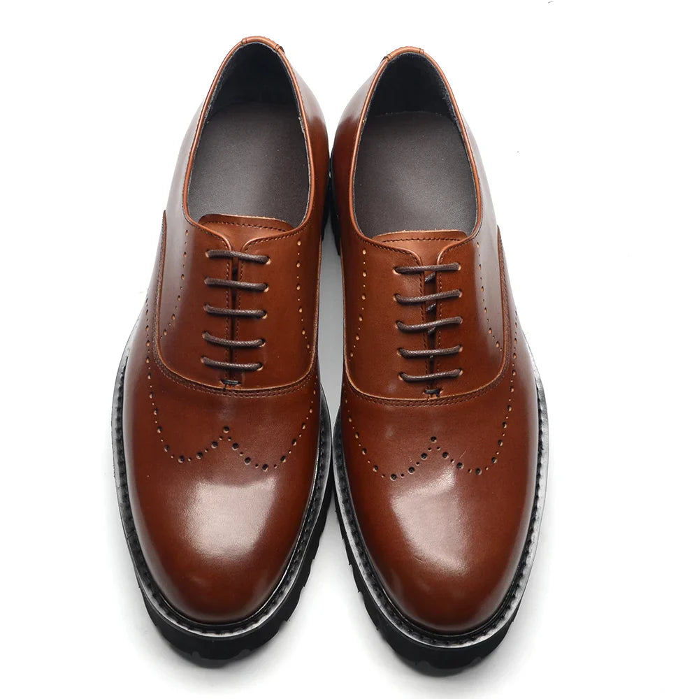 Luxury Men's Genuine Leather Platform Oxfords | Lightweight Black Sole Lace-Up Business & Casual Dress Shoes (Height Increasing)