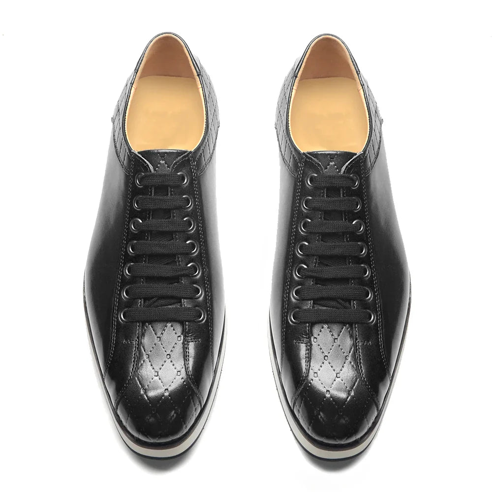 Europe 2024 Fall Luxury Men's Genuine Leather Plaid Casual Shoes | Black & Dark Brown Business Sneakers (Height Increasing)