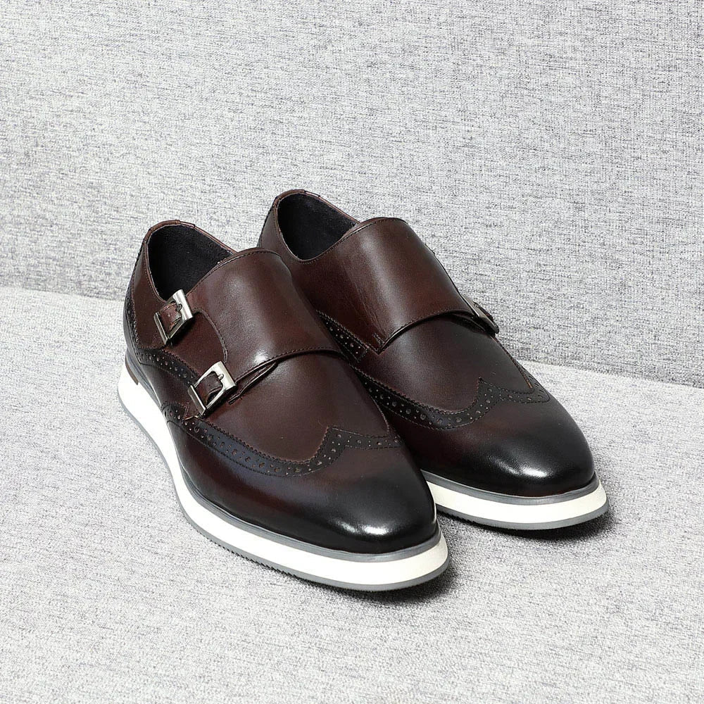 Luxury Men's Double Buckle Monk Strap Flats | Genuine Leather Casual Walk Shoes (Dark Brown, Black)