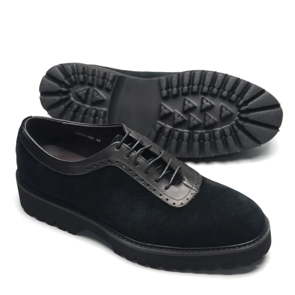 Designer Luxury Platform Oxfords for Men | Cow Suede Genuine Leather Black & Blue Casual Shoe (Height Increasing)