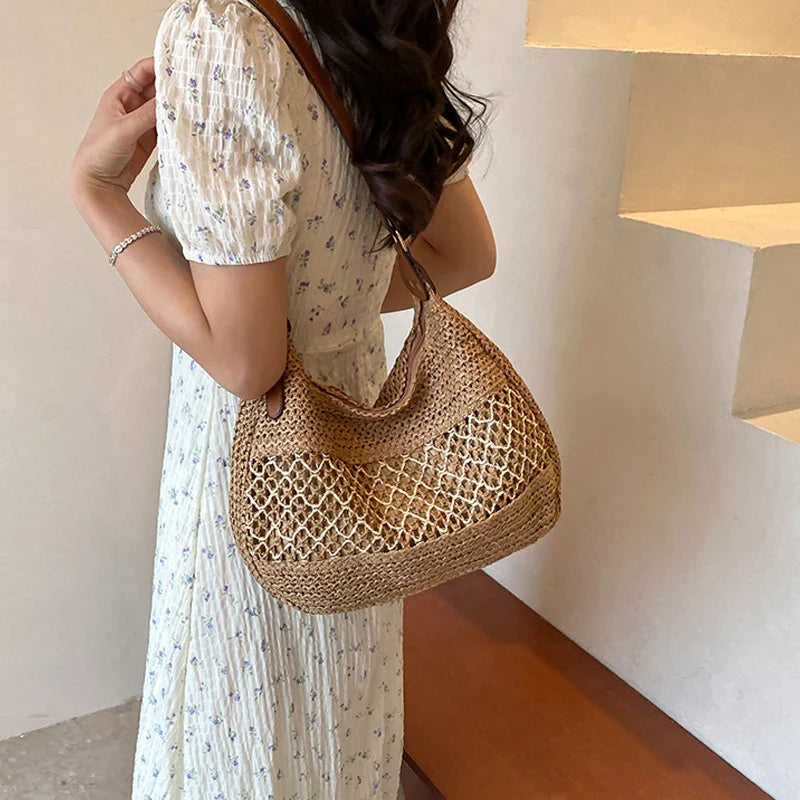 Large Capacity Summer Straw Weaving Shoulder Bag | Women's Handmade Crochet Beach Handbag & Woven Hollow Out Underarm Knitting Bag