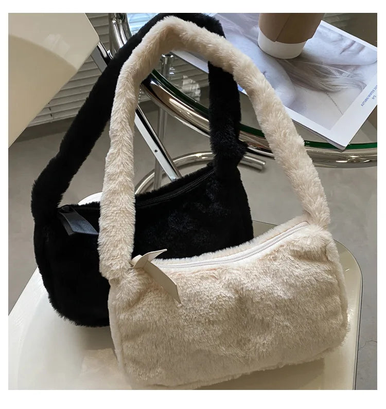 Simple Design Women's Soft Plush Hobo Shoulder Bag | Winter Furry Ladies Clutch Purse & Handbag (Fashion Female Underarm Bag)