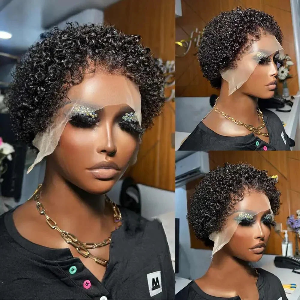 Glueless Kinky Curly Pixie Bob Wig | Short Brazilian Human Hair (Ready-to-Wear, Realistic Scalp)