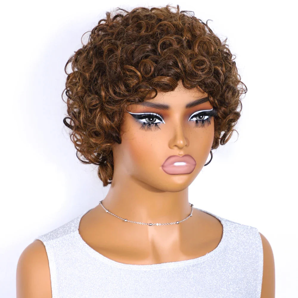 Sleek 100% Real Ready To Wear Short Water Wave Pixie Cut Wigs Brown Colored Curly Brazilian Curly Human Hair Wigs For Women