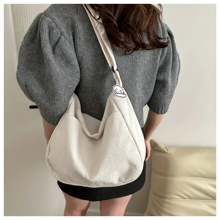 Women's Corduroy Shoulder Bag | Casual Striped Large Capacity Tote with Zipper (Cute Hat Patch, Everyday Use)