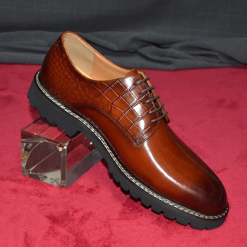Designer Men's Genuine Leather Casual Derby Shoes | Crocodile Print Business & Social Sneakers (Height Increasing)