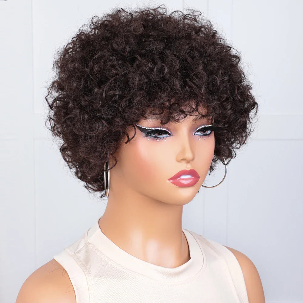 Sleek 100% Real Ready To Wear Short Water Wave Pixie Cut Wigs Brown Colored Curly Brazilian Curly Human Hair Wigs For Women
