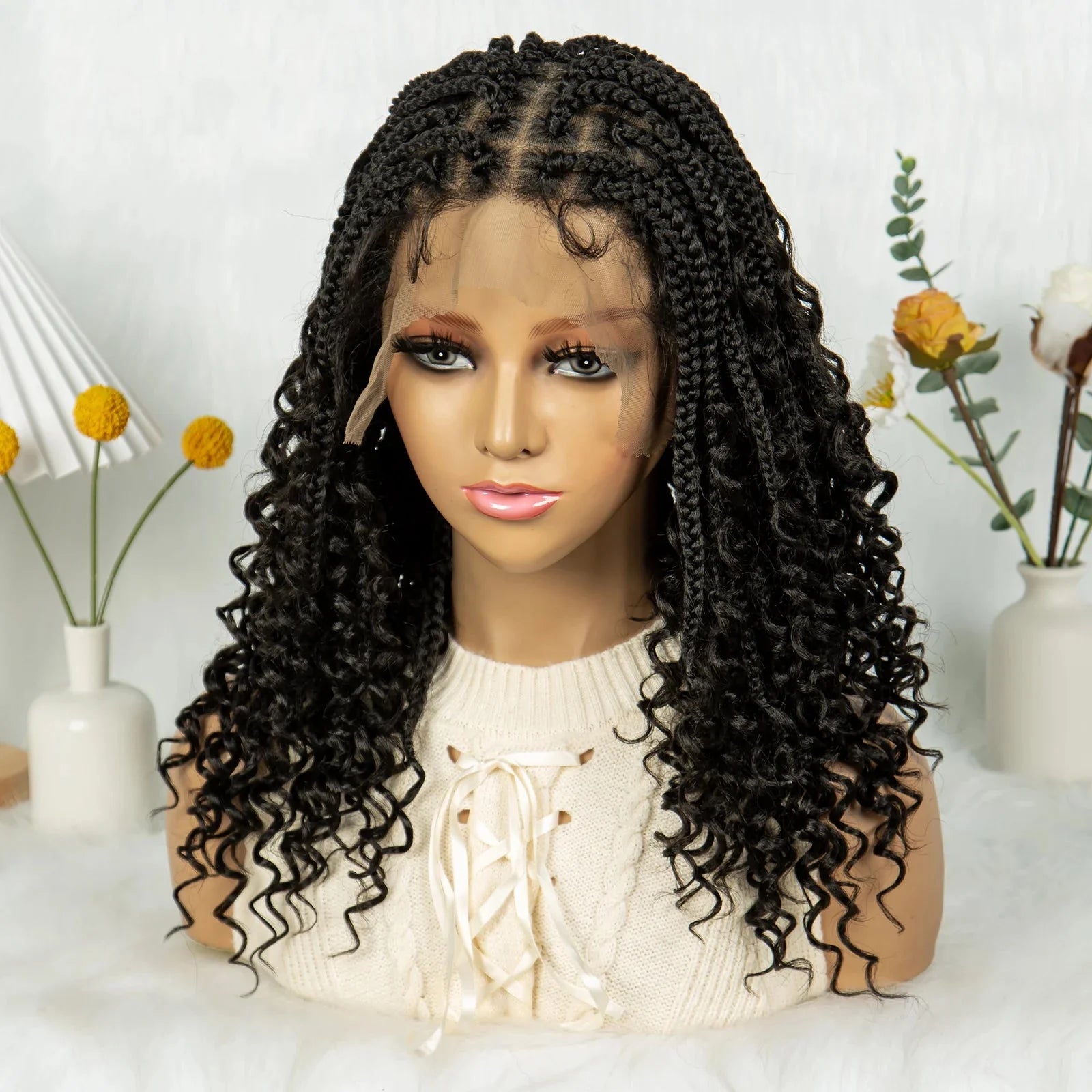 Short Bohemian Box Braids Wig | Full Lace | Curly Ends | Baby Hair | Synthetic Boho Wig