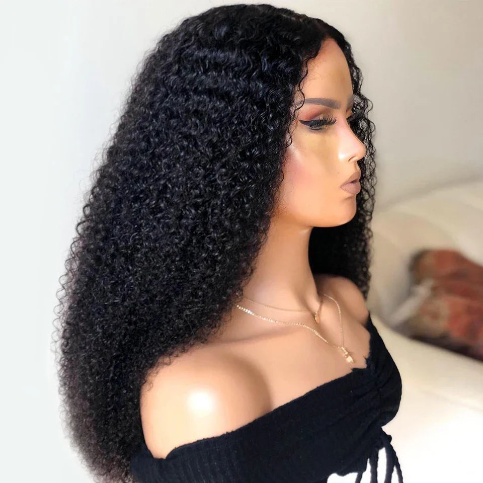 26" Black Long Kinky Curly Machine Wig | 180% Density | Heat-Friendly Daily Use Wig