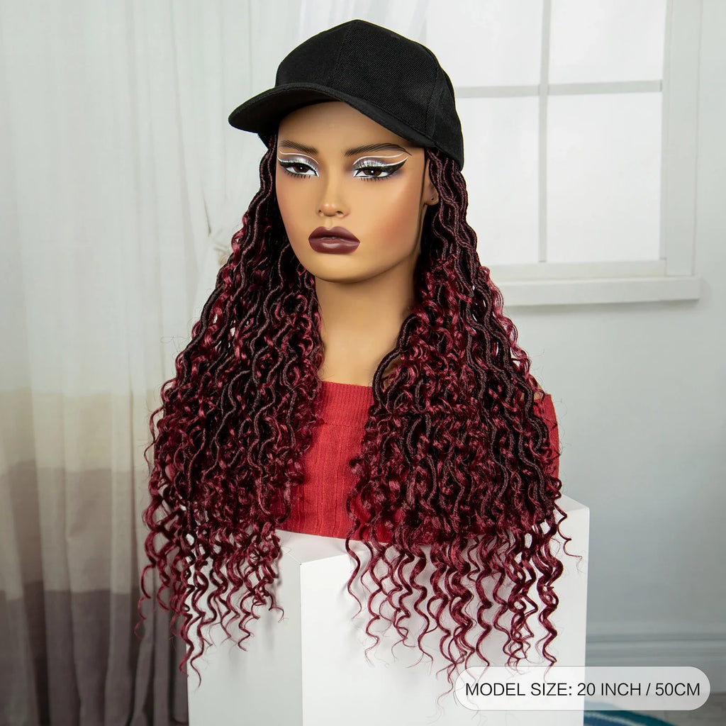 Burgundy Braided Hat Wig with Curly Ends | Knotless Braids | Adjustable Cap