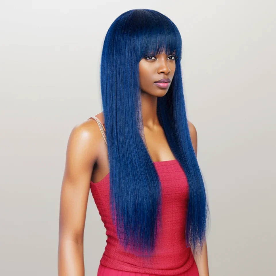 Royal Blue Straight Wig with Bangs | Glueless "Wear to Go" Human Hair