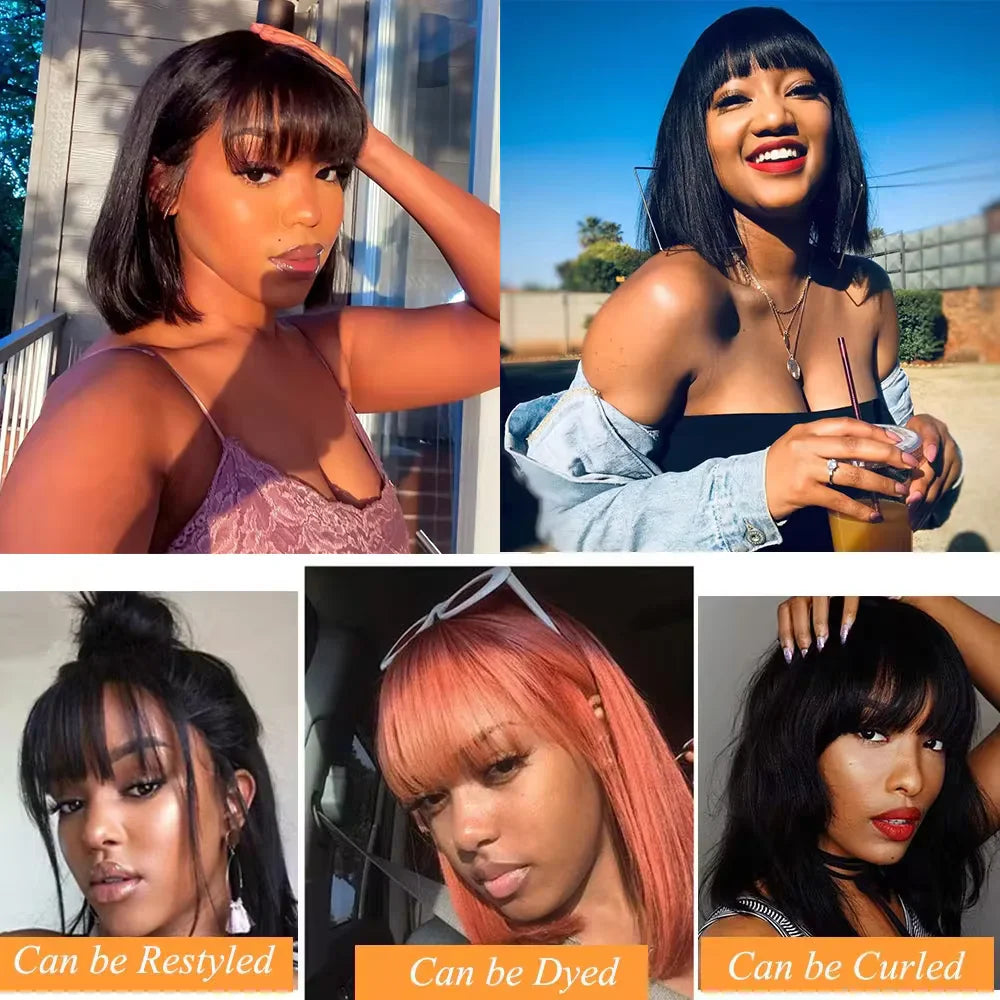 Peruvian Straight Bob Wig with Bangs | Full Machine Made Human Hair Wig | Natural Color