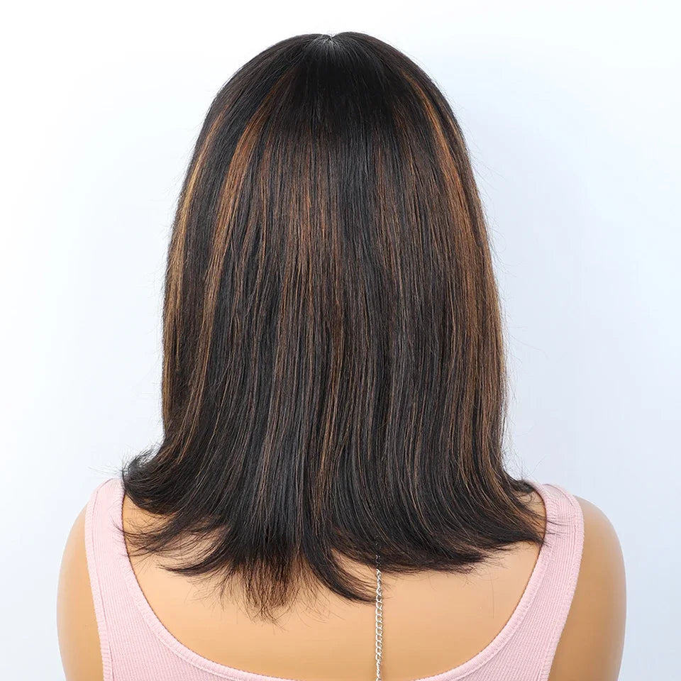 Ombre #4/27 Straight Bob Wig with Bangs | Human Hair Lace Top & Realistic Scalp