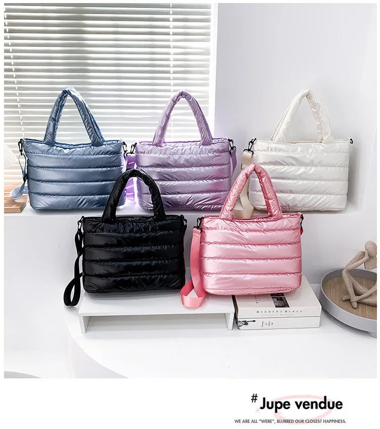 New Puffer Tote Bag for Women | Quilted Puffy Handbag & Lightweight Down Cotton Padded Shoulder & Crossbody Bag