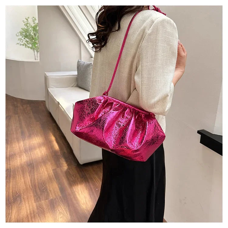 Small Luxury Design Women's Leather Silver Cloud Bag | Gold Crossbody & Ladies Party Clutch Purse (Sequined, Ruched Handbag)