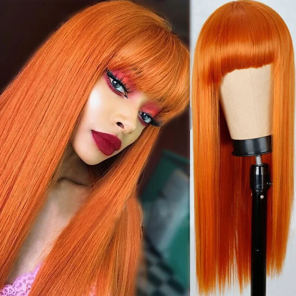 Dirty Pink Straight Human Hair Wig with Bangs | Full Machine Made Brazilian Remy for Women (Wear & Go)