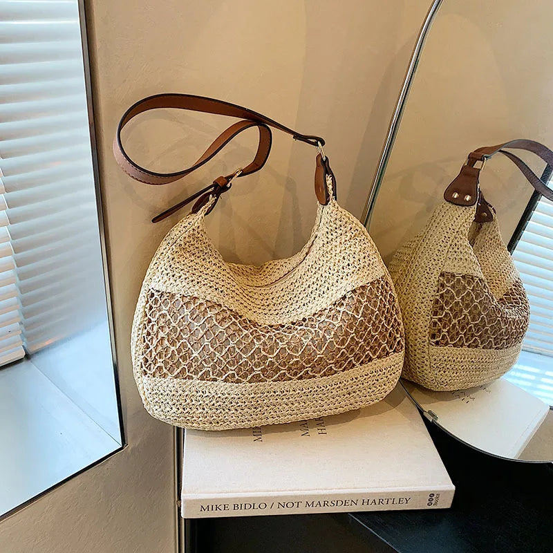 Large Capacity Summer Straw Weaving Shoulder Bag | Women's Handmade Crochet Beach Handbag & Woven Hollow Out Underarm Knitting Bag