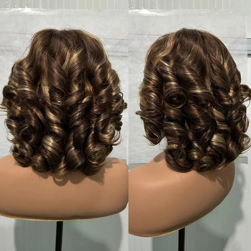 Malaysian Hair | Double Drawn | P4 27 | Ombre | Highlight | Bouncy Wave | Wear and Go | Glueless | Human Hair | Bob Curly Wigs