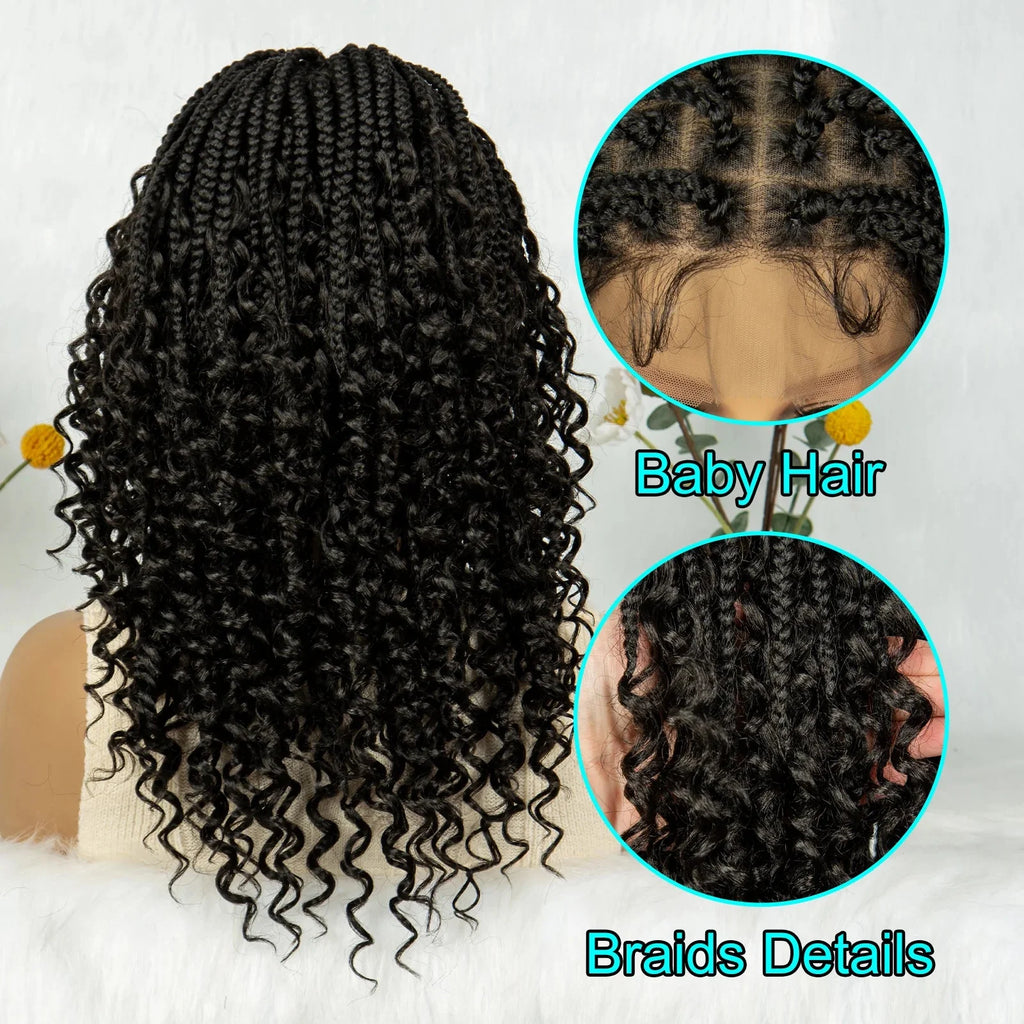 Short Bohemian Box Braids Wig | Full Lace | Curly Ends | Baby Hair | Synthetic Boho Wig