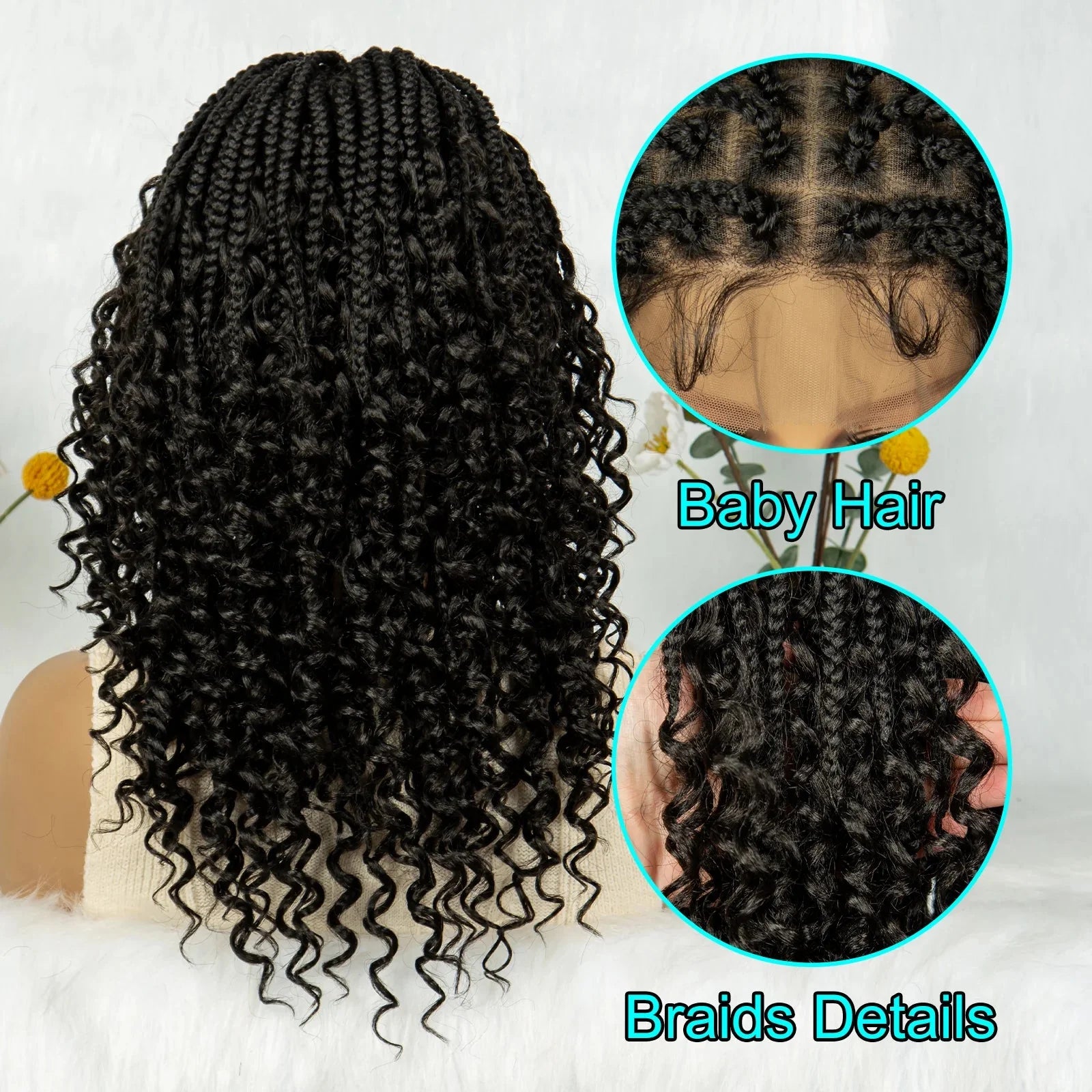 Short Bohemian Box Braids Wig | Full Lace | Curly Ends | Baby Hair | Synthetic Boho Wig