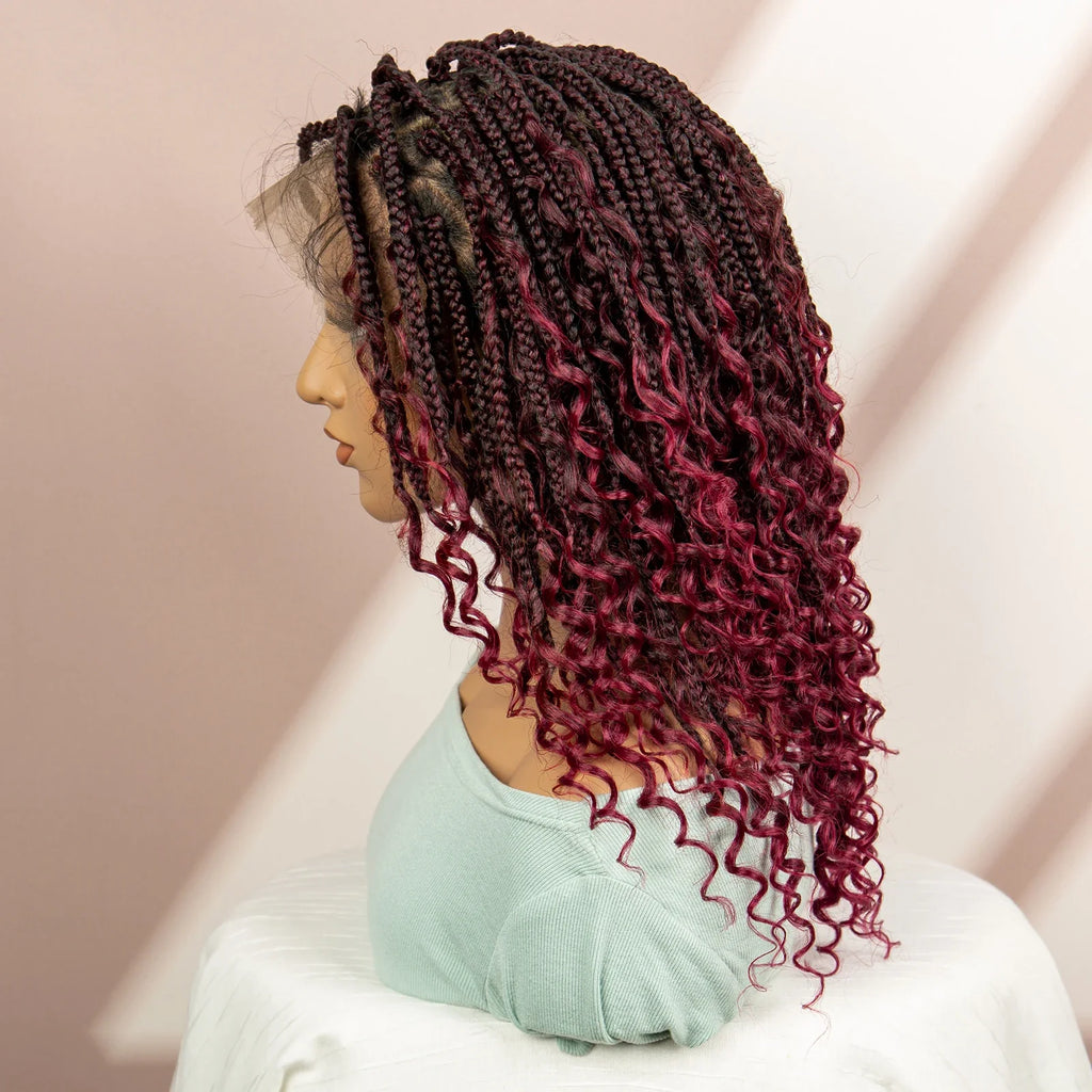 Burgundy Knotless Box Braids Wig with Curly Ends | Full Lace