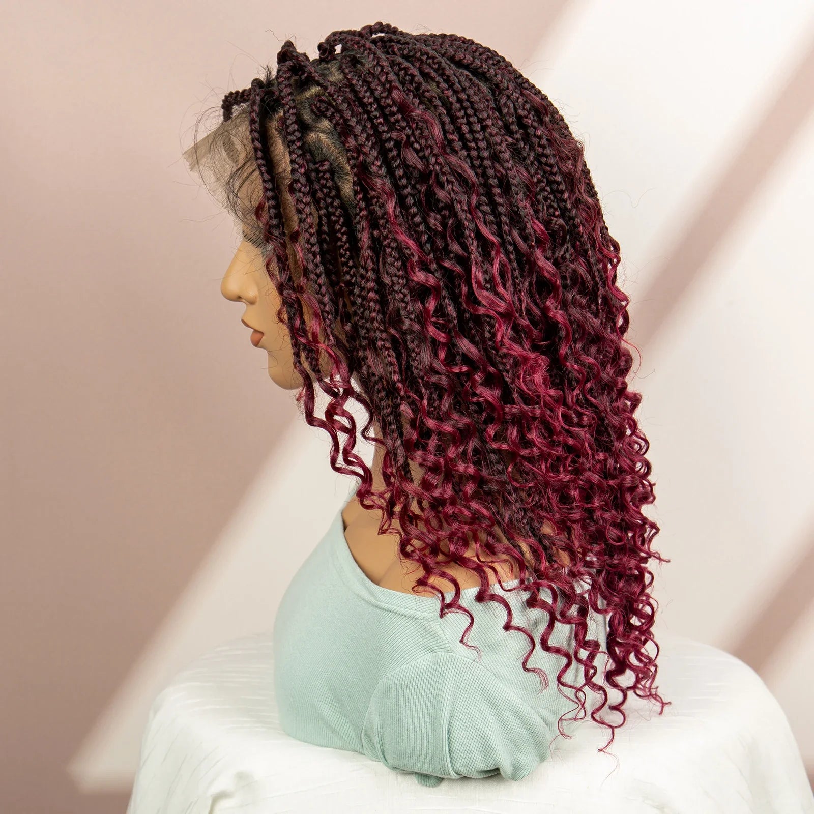 Burgundy Knotless Box Braids Wig with Curly Ends | Full Lace
