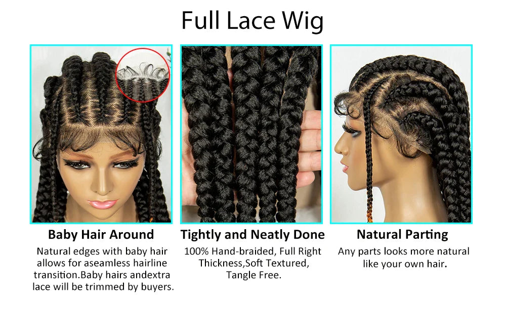 Knotless Box Braids Full Lace Wig | Cornrow Accents | Baby Hair | Synthetic Braided Wig