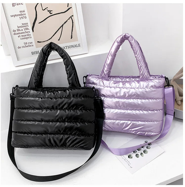 New Puffer Tote Bag for Women | Quilted Puffy Handbag & Lightweight Down Cotton Padded Shoulder & Crossbody Bag
