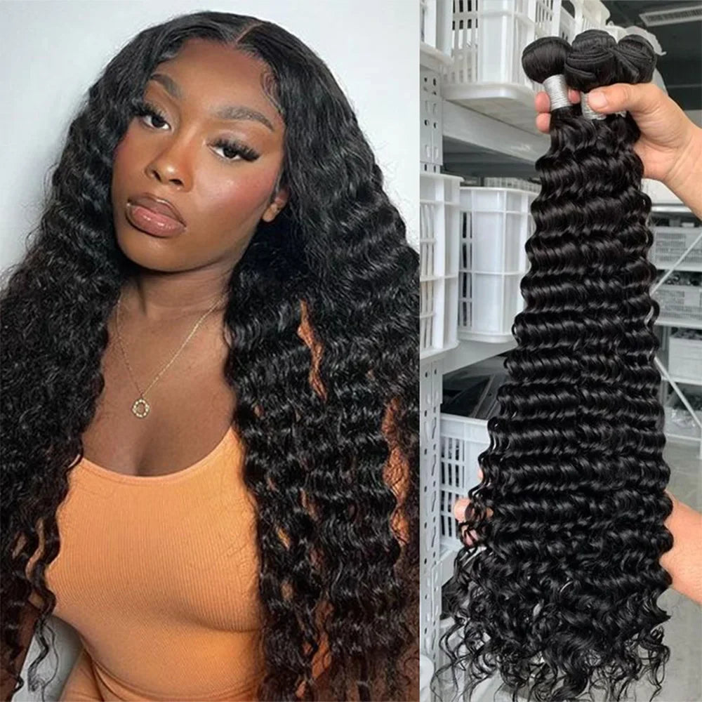 Queenlike 24 26 28 Inch Deep Wave Human Hair Bundles | Brazilian Remy Hair Extensions | Deep Curly Weave