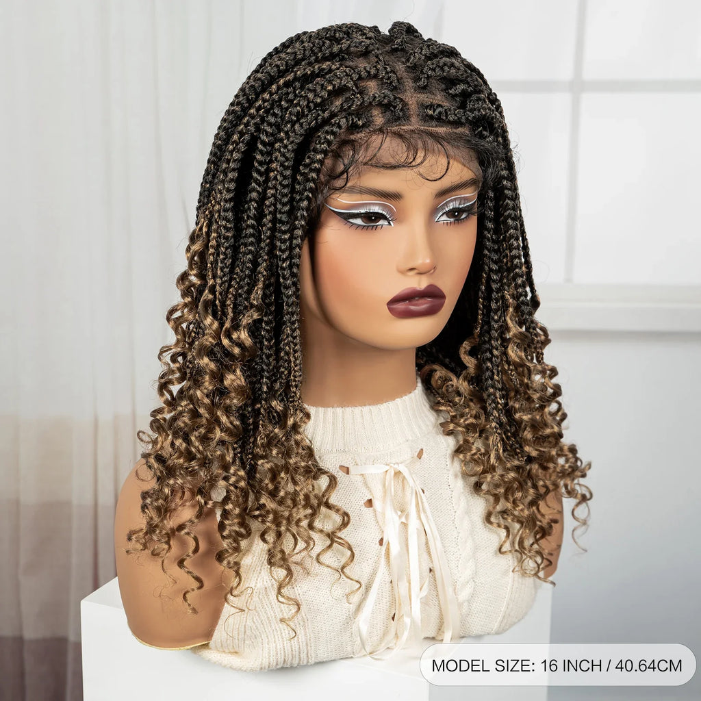Ombre Boho Knotless Braids Bob Wig with Curly Ends | Full Lace
