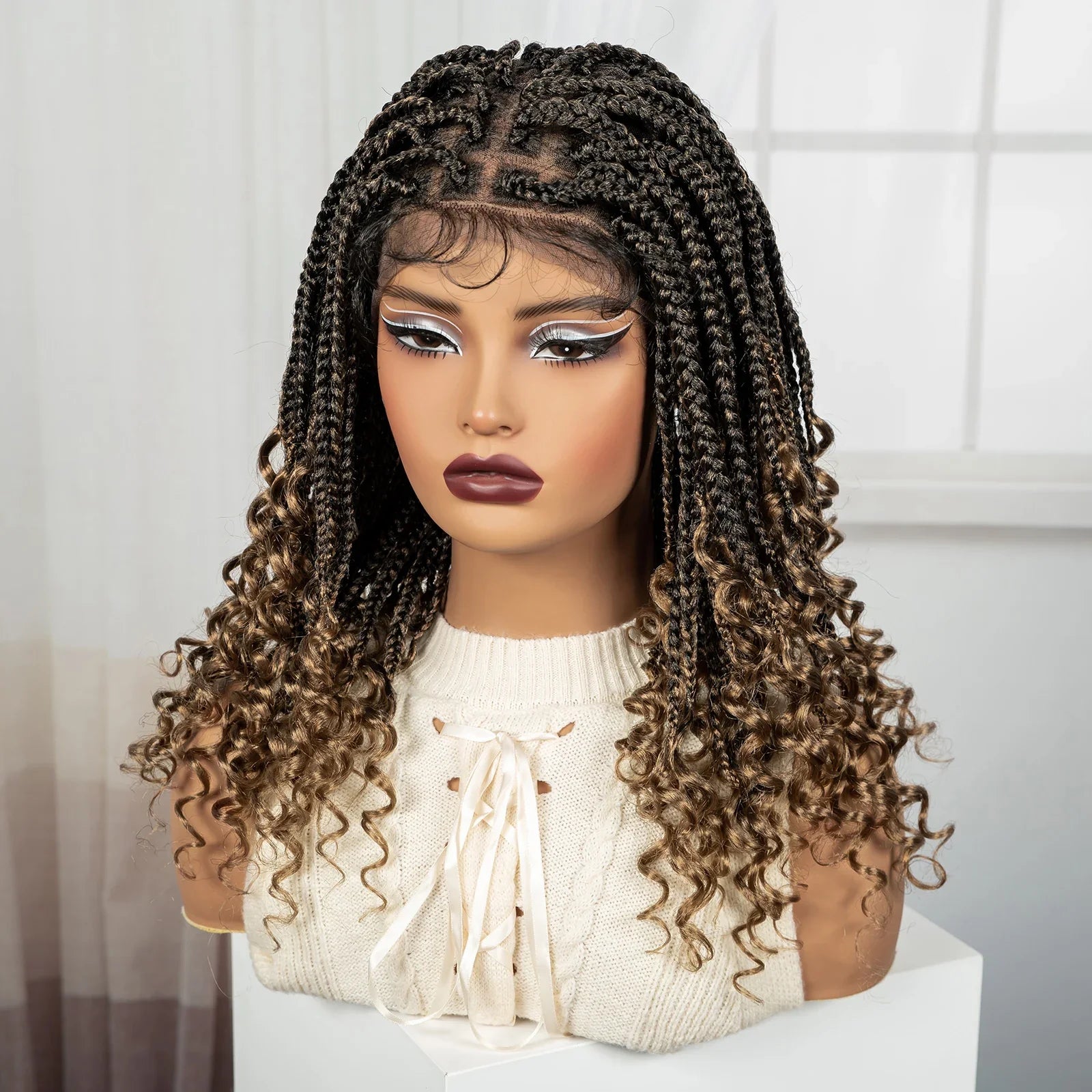 Ombre Boho Knotless Braids Bob Wig with Curly Ends | Full Lace