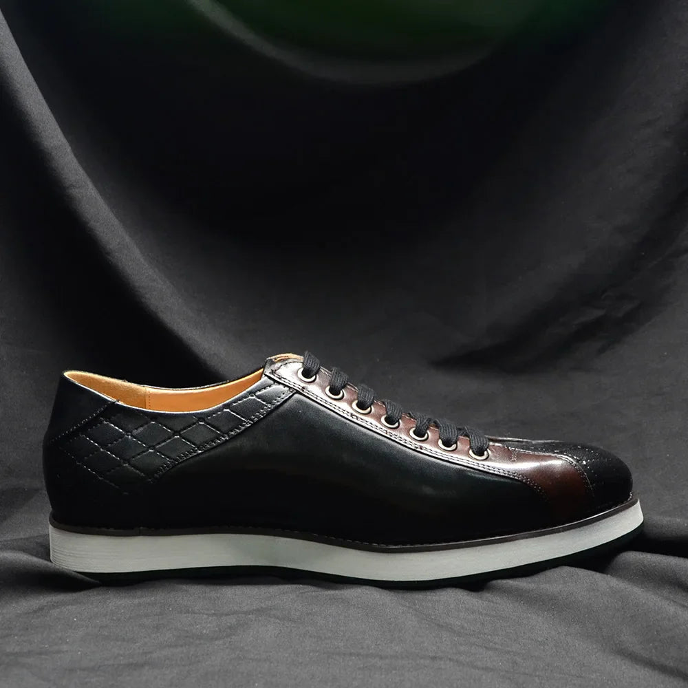 Europe 2024 Fall Luxury Men's Genuine Leather Plaid Casual Shoes | Black & Dark Brown Business Sneakers (Height Increasing)