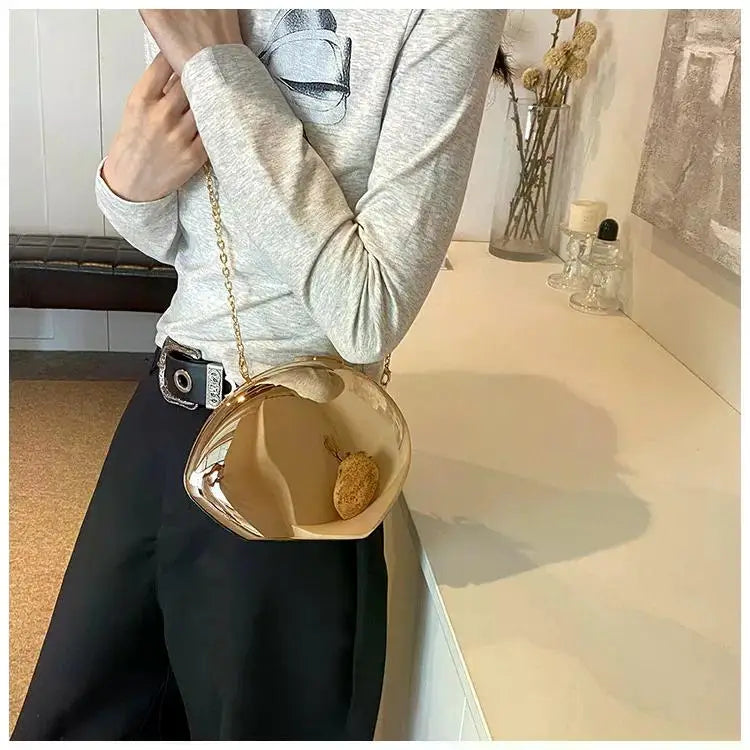 Designer Acrylic Shell Shape Clutch Bag | Gold Silver Women's Evening Party Bag & Cute Shiny Metal Shoulder Crossbody Bags (Small Purse)