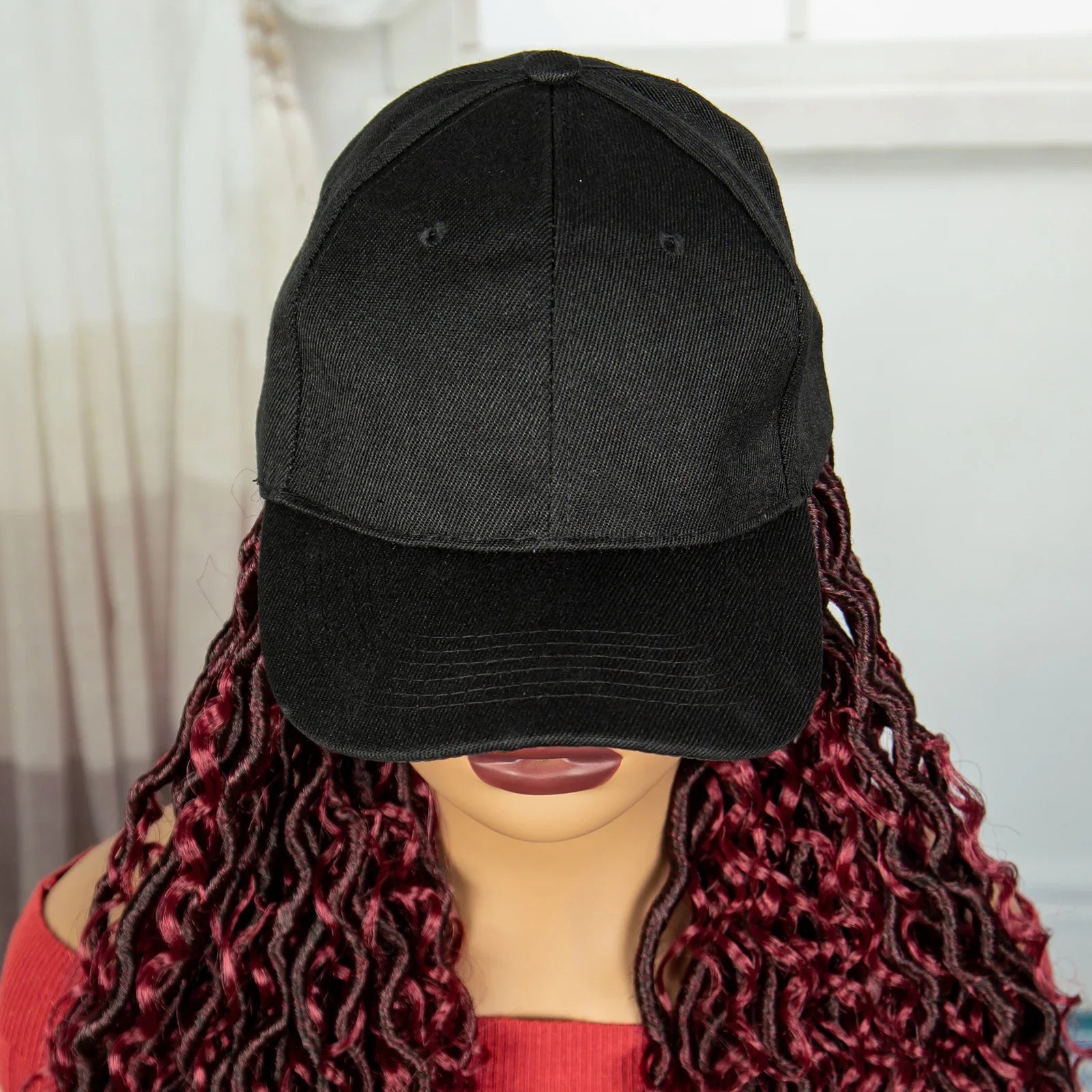Burgundy Braided Hat Wig with Curly Ends | Knotless Braids | Adjustable Cap