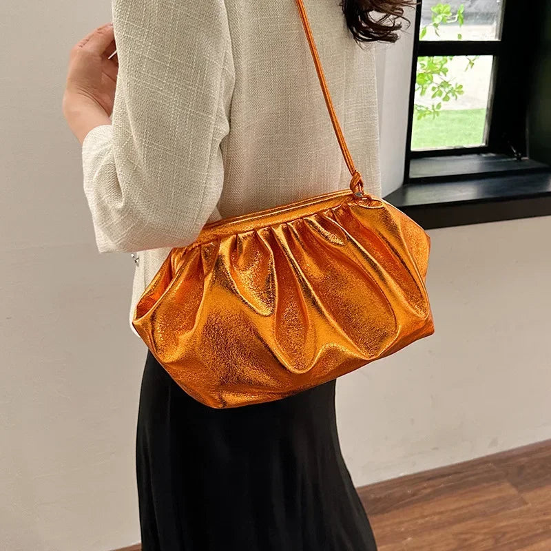 Small Luxury Design Women's Leather Silver Cloud Bag | Gold Crossbody & Ladies Party Clutch Purse (Sequined, Ruched Handbag)