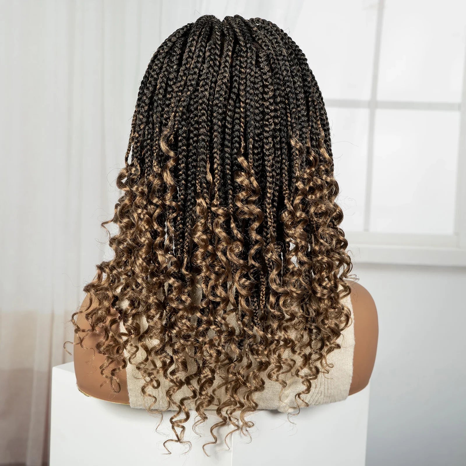 Ombre Boho Knotless Braids Bob Wig with Curly Ends | Full Lace