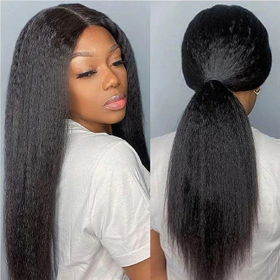 Kinky Straight 360 HD Lace Frontal Wig | Yaki Straight Ponytail Human Hair Wig for Black Women (Transparent Lace, Clearance Sale)