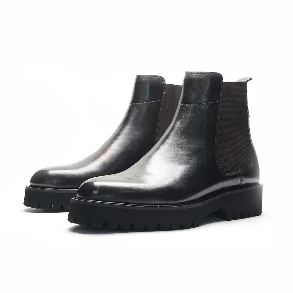 British Style High Top Men's Chelsea Boots | Classic Luxury Genuine Leather (Height Increasing, Elastic Band)