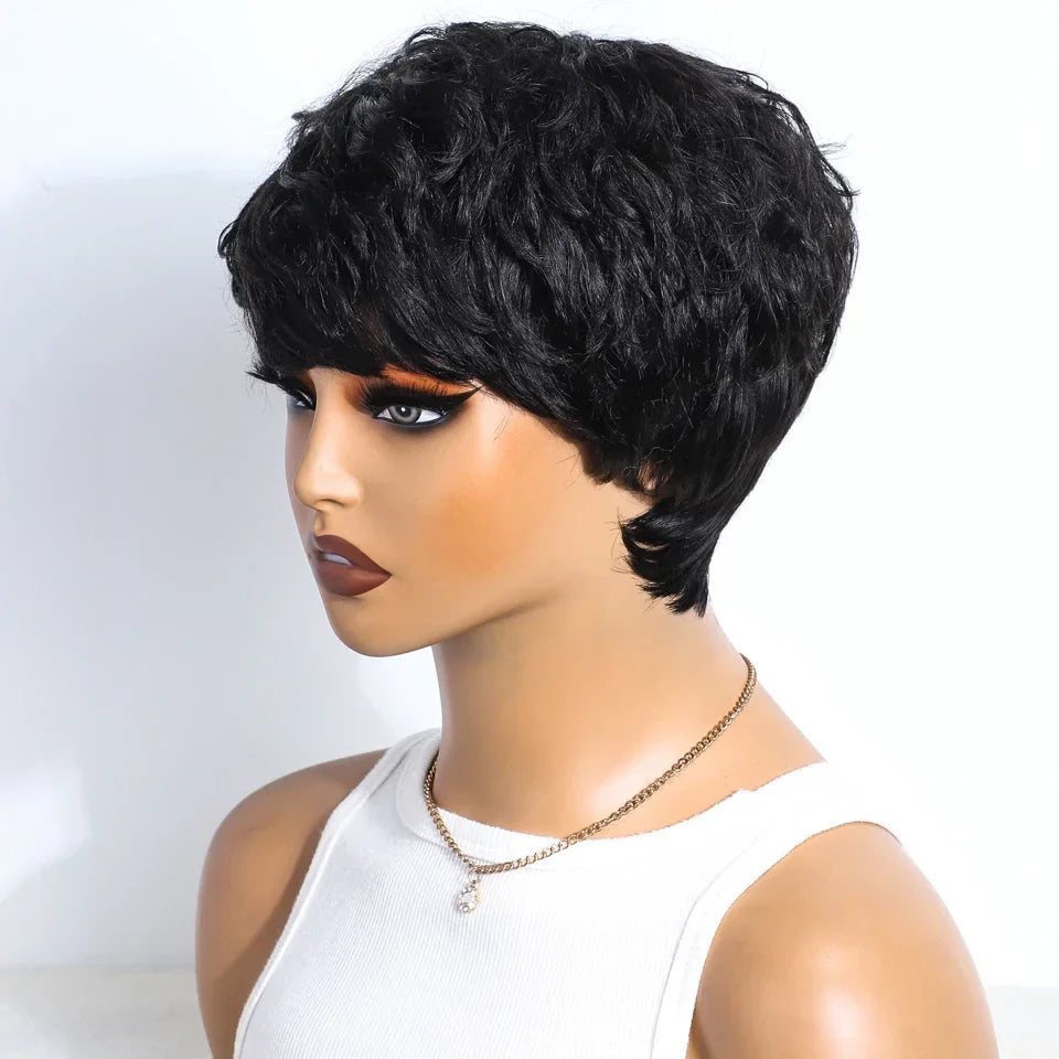 Rebecca P1B/30 Brown Pixie Cut Wig | Curly Side Part Brazilian Human Hair
