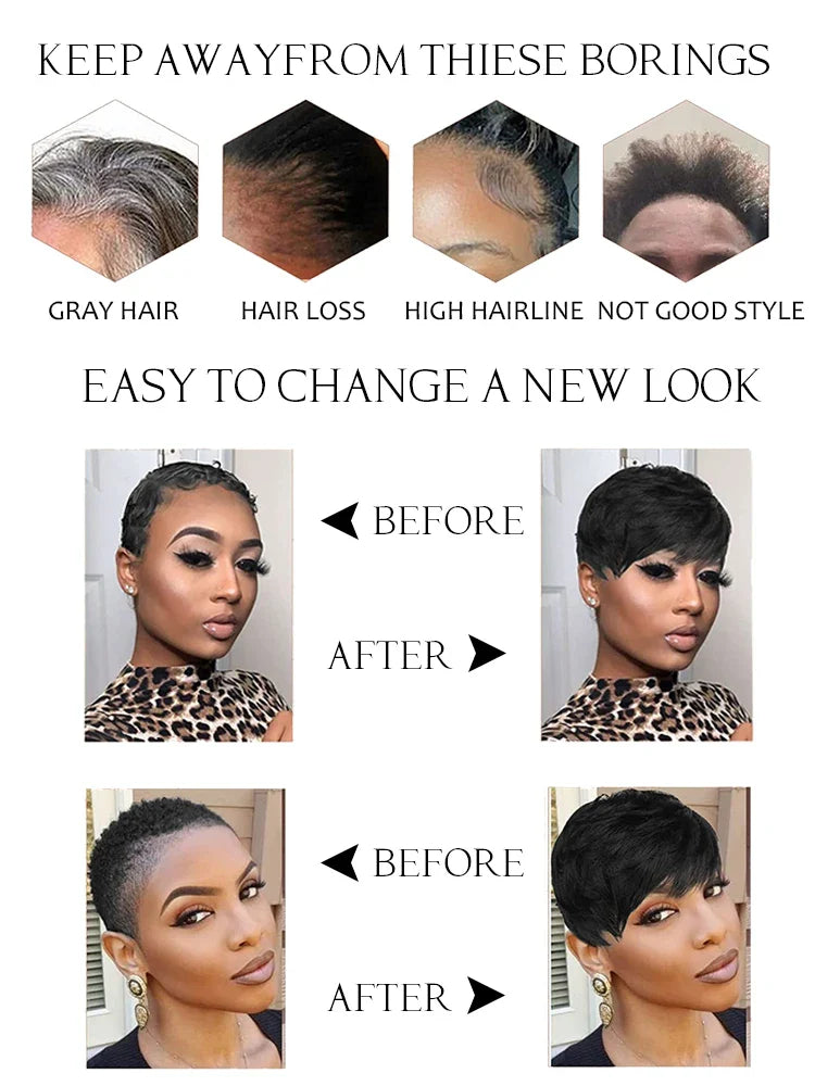 Short Pixie Cut Wig Human Hair | Machine Made Wig with Bangs | Brazilian Remy Hair | Pixie Wig for Black Women