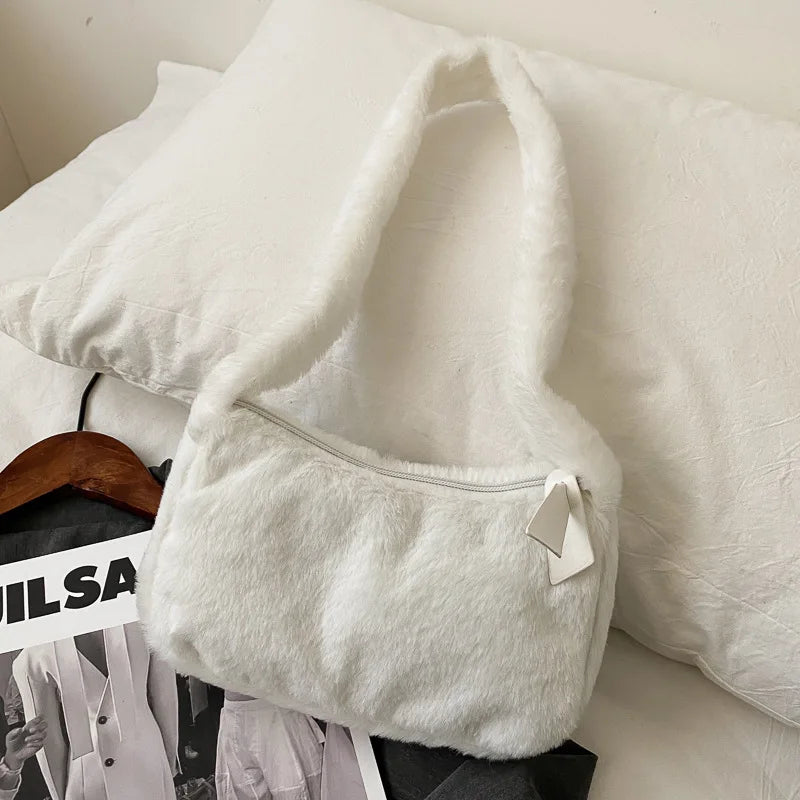 Simple Design Women's Soft Plush Hobo Shoulder Bag | Winter Furry Ladies Clutch Purse & Handbag (Fashion Female Underarm Bag)