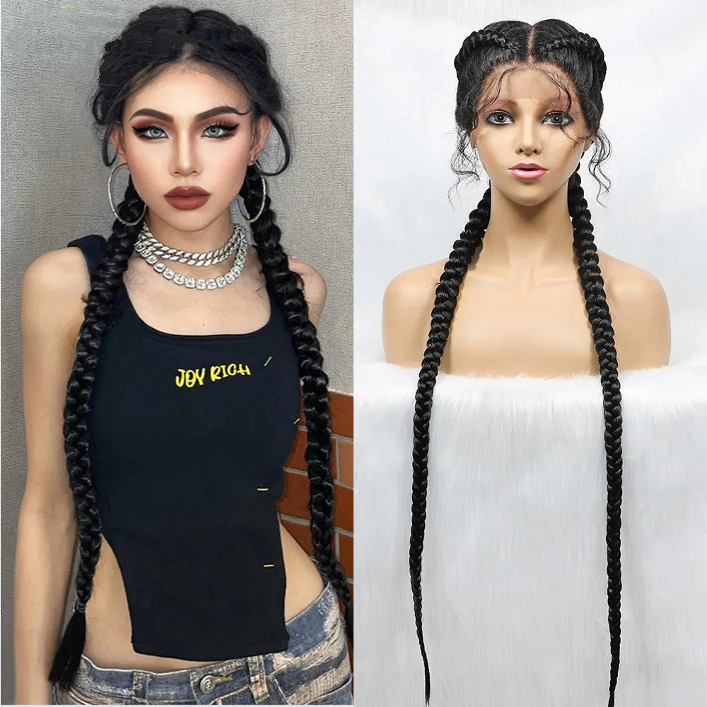 Handmade Double Dutch Cornrow Braided Wig | Natural Black Lace Front | Baby Hair | Kanekalon Synthetic Wig for Women