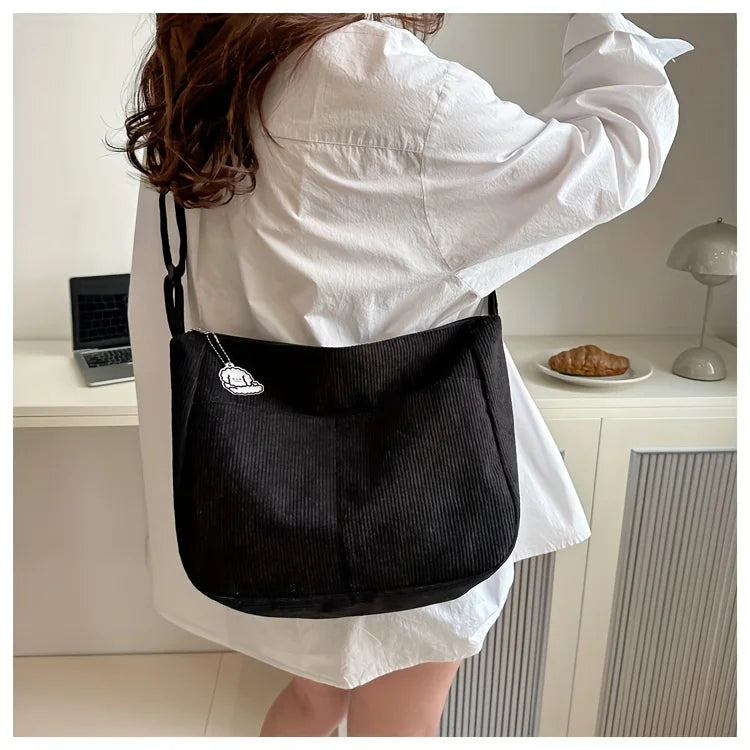 Women's Corduroy Shoulder Bag | Casual Striped Large Capacity Tote with Zipper (Cute Hat Patch, Everyday Use)