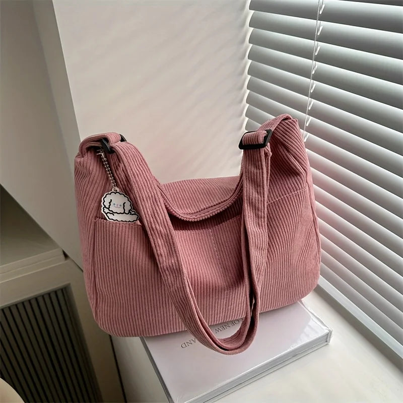Women's Corduroy Shoulder Bag | Casual Striped Large Capacity Tote with Zipper (Cute Hat Patch, Everyday Use)