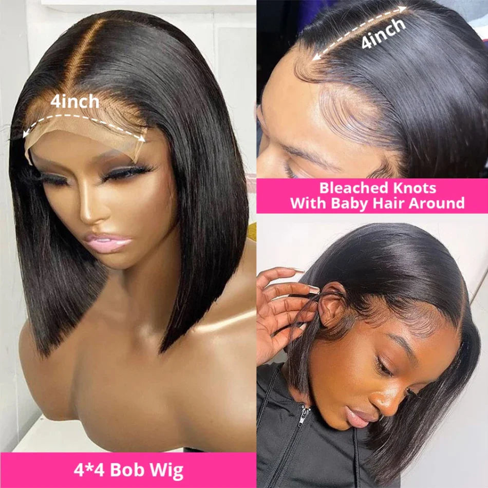Glueless 13x4 Straight Lace Front Bob Wig Pre-Plucked 4x4 Closure Brazilian Remy Human Hair Bone Straight Short Bob