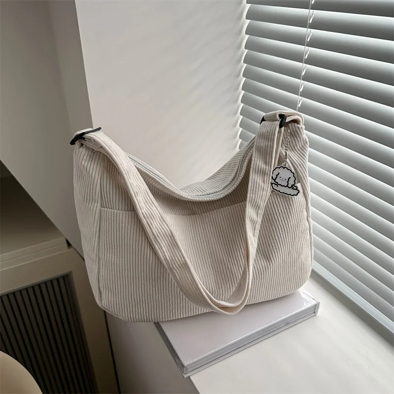 Women's Corduroy Shoulder Bag | Casual Striped Large Capacity Tote with Zipper (Cute Hat Patch, Everyday Use)