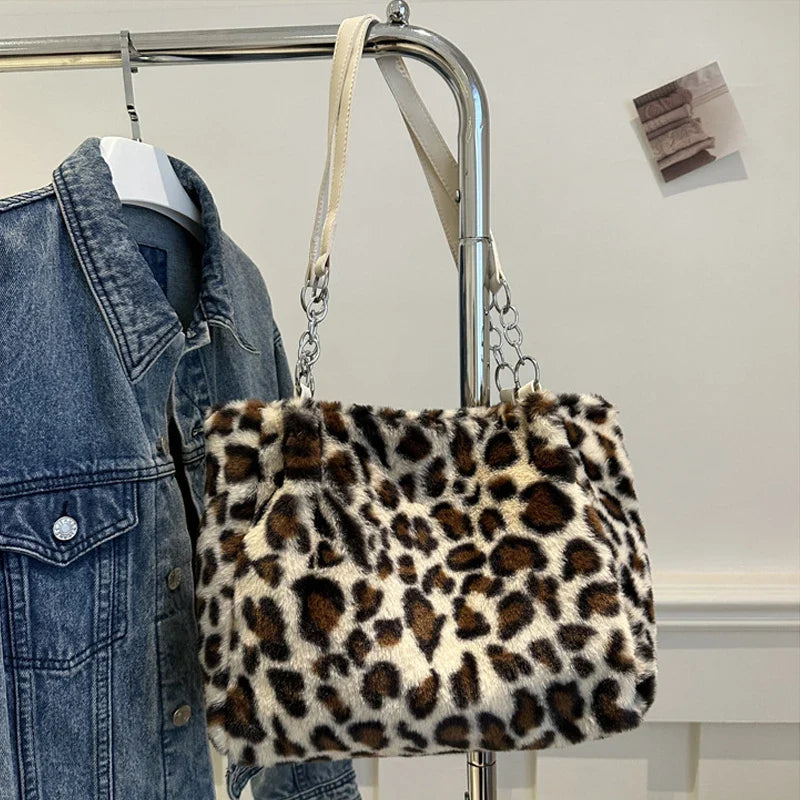 National Style Simple Women's Leopard Tote Bag | Lady Luxury Fluffy Shoulder Bag & Chain Large Capacity Commuter Handle Bag