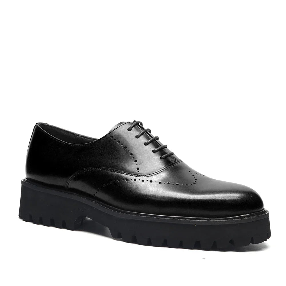 Luxury Men's Genuine Leather Platform Oxfords | Lightweight Black Sole Lace-Up Business & Casual Dress Shoes (Height Increasing)