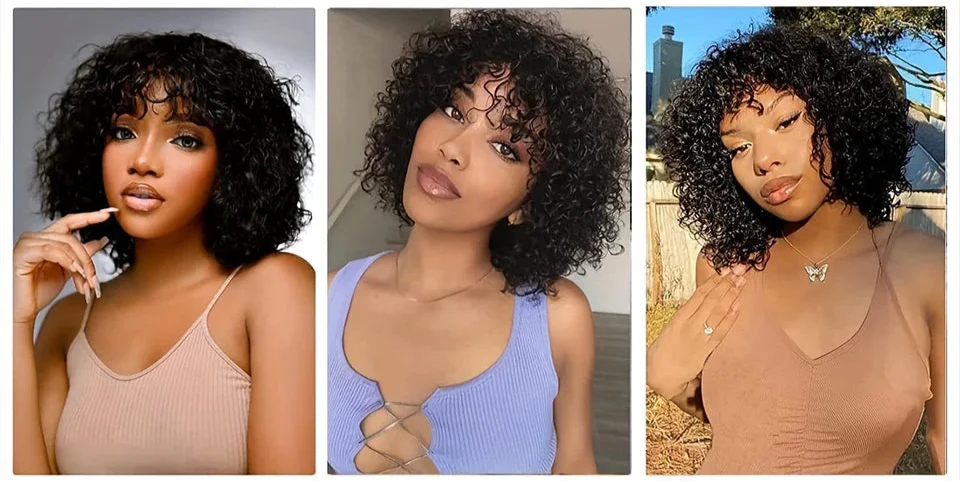 Highlight Honey Blonde Jerry Curly Pixie Bob Wig with Bangs | Full Machine Made Human Hair